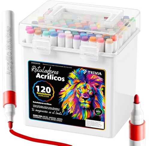 TREVIA® PACK 120 Rotuladores Acrilicos | Rotuladores lettering | Manualidades | Acrylic markers | 120 Colores | Rotuladores Profesionales | Efecitvo para la mayoria de superficies | Niños y Adultos