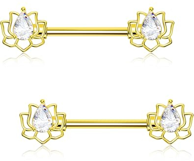 OUFER Body Piercing Barre de Nipple en Acier Inoxydable 316L 14G (1,6mm) Longueur d'Usure 14mm Anneau de Perçage de Nipple Lotus CZ Bijoux de Corps Or/Argent pour Hommes et Femmes