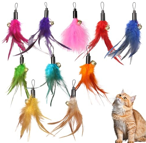 Merzio 10 Pcs Cat Feather Toy Refills with Bells, Colorful Replacement Feathers for Cat Wand, Interactive Teaser Attachments for Indoor Cats Exercise and Play, Compatible with Da Bird Cat Toys