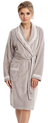 LEVERIE Peignoir de Bain Femme en Velours, beige col châle + ceinture, M