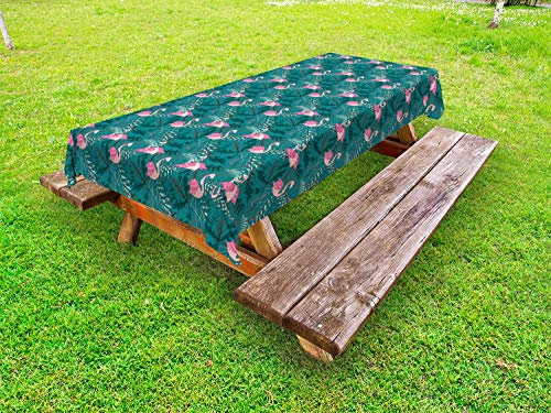 ABAKUHAUS Flamingo Outdoor-Tischdecke, Tropic Vögel auf Blätter, dekorative waschbare Picknick-Tischdecke, 145 x 265 cm, Rosa Teal