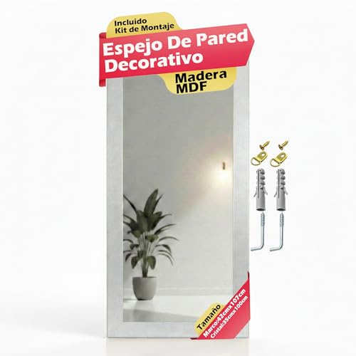 CHELY INTERMARKET Espejo Pared Cuerpo Entero 35x100cm-Marco Exterior 42x107cm MOD-128 Blanco-Raya