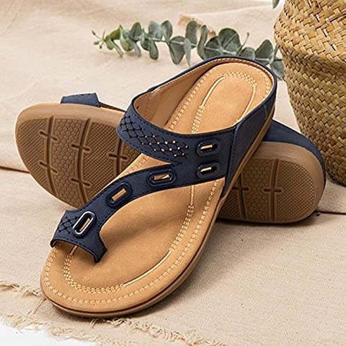 Kvinnor Ortopediska Sköna Sandaler Tre Arch Support Design damer Sommar Läder Flip Flops Clip Toe Andningsbar Casual Strand Reseskor,Blue,38