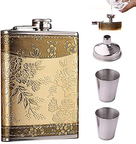 Flask Flask Flasque portable en métal avec verres à vin, entonnoir et boîte cadeau, Hip Flask pour rhum Brandy Vodka Doré