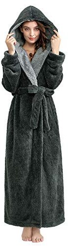 ZFSOCK Femme Robe de Chambre à Capuche Peignoir Polaire Hiver Longue Peignoir de Bain Douce Microfibre Flanelle Robe de Nuit (M,Gris)