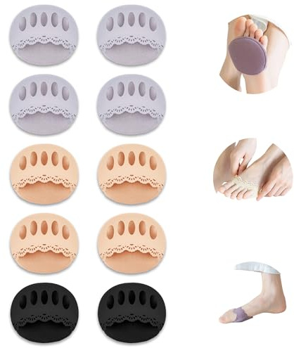 Honeycomb Fabric Forefoot Pads, Soft Ball of Foot Cushions, Women's High Heels Invisible Toe Socks, Half Socks for Sandals (5 Pairs: 2 Beige, 2 Gray, 1 Black)