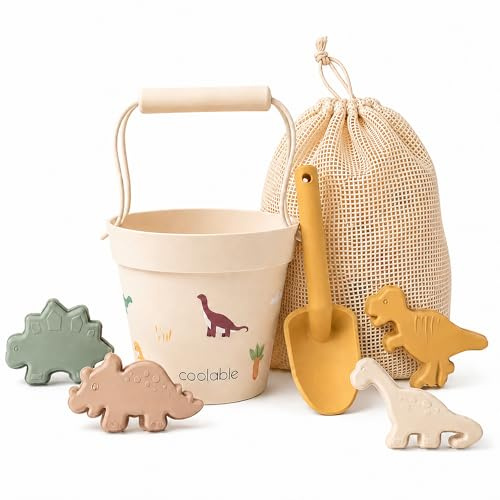 coolable Set de 6 Juguetes de Playa de Silicona para Niños - Cubo Plegable, Pala, 4 Moldes de Arena y Bolsa de Malla - Mundo de Dinosaurios