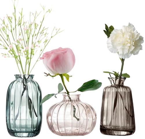MEETOZ Glass Bud Vase Set of 3- Small Vases for Flowers, Home Table Flower Decor, for Office or Wedding Events (Pink/Grey/Green)