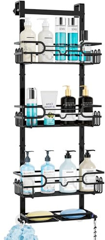 HapiRm Shower Caddy Hanging Black - 4 Tier Over Door Shower Caddy with 2 Soap Holders, Adjustable Bathroom Shelf with 22 Hooks, Rustproof Easy Installation Shelf Organiser Hanging for Bathroom