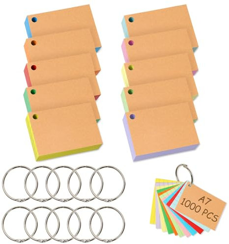 Votoko 1000 Stk Karteikarten A7, Bunte Lernkarten Blanko Moderationskarten mit Binderinge, 7.4x10.5cm Vokabelkarten Liniert Flashcards, 10 Farben Notizkarten Index Cards für Büro Haus Schule Lernen