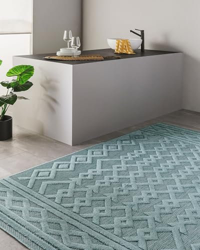 benuta Nest In- & Outdoor Teppich Bonte - Türkis 80x150 cm - Strapazierfähig & Pflegeleicht - Für Balkon, Terrasse, Garten - Küchenteppich & Wohnzimmerteppich - Geometrisch, Boho-Style, Hygge Cozy