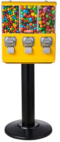 VEVOR Commercial Vending Machine, Triple Compartment Candy Dispenser with Iron Stand, Gumball and Candy Machine for Business, Coin Operated Gumball Bank for Toy Capsules Bouncy Balls Candy Nut, Yellow