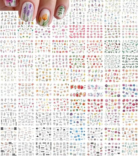 Rosymormor 84 Blatt Blume Nagelsticker, Wassertransfer-Nagelaufkleber Florale Nagelabziehbilder Nagelkunstzubehör, Bunte Nagel-Accessoires für Frauen Mädchen, DIY-Nagel-Dekorationen, Maniküre-Spitzen