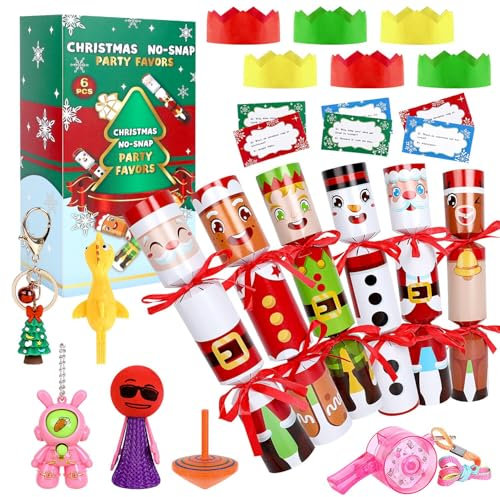 SULOLI 6PCS Babbo Natale e Pupazzo di Neve Cra-ckers Cappelli Festa Natalizia e Decorazioni (Include Piccoli Giocattoli)