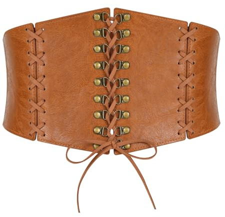LEACOOLKEY Women’s Wide Corset Belt Vintage Elastic Waist Belt for Dresses Halloween Costume Brown