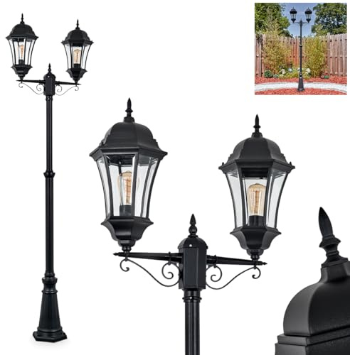 Kandelaber Etoo, Außenwegeleuchte aus Metall/Glas in Schwarz/Klar, Leuchte im Vintage/Antik/Landhaus-Design für Außenbereich/Garten/Terrasse, Höhe 250 cm, 2 x E27, ohne Leuchtmittel, IP44
