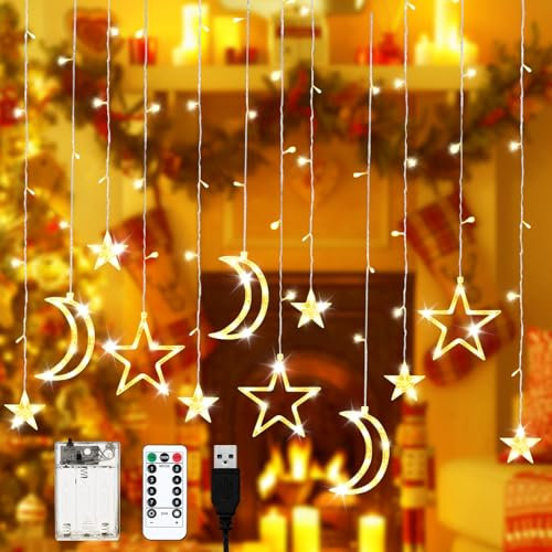 Étoiles Rideau Lumineux, 350cm De Guirlande Lumineuse,Guirlande Lumineuse Étoiles Guirlande Lumineuse Rideau,Étoile Lune Guirlandes Lumineuses Led Pour Chambre d'Enfant Noël,Ramadan,Décoration De Fête
