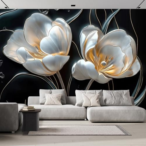 Murales Papel Pintado Salon Loto Plateado, 350× 256 cm Fotomurales 3D Flores De Metal Planta Tejido seda Papel Tapiz Fotográfico Decorativos Murales Dormitorio Oficina Hotel