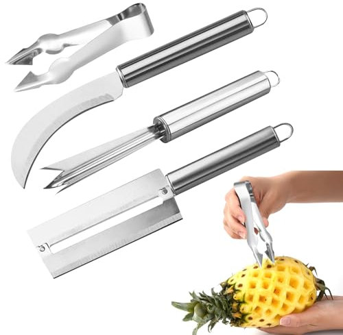 Coupe Ananas,Découpe Ananas,éplucheur Contient Coupe-Ananas,Couteau à Canne à Sucre,épépineur et une Fourchette à Ananas,Eplucheur en Acier Inoxydable pour Ananas,Canne,Banane etc(4 Pièces)