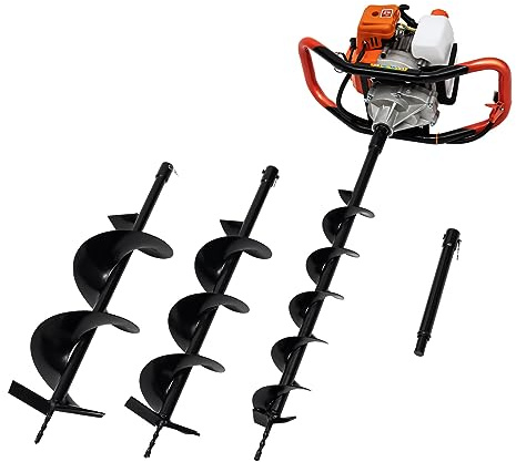 LKHDONG Broca de tierra de gasolina de 52 CC, 2 tiempos, 1,98 CV, incluye 3 brocas de taladro de 10/15/20 cm de diámetro, color naranja