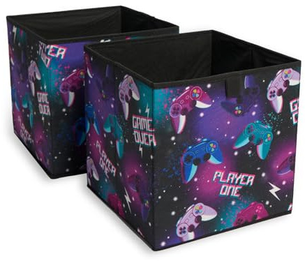OHS Set of 2 Fabric Storage Boxes Home Organiser Toys Clothing Bathroom Pop Up Collapsible Foldable Gaming Print Cube Storage Space Saving Kids Storage Baskets, Black