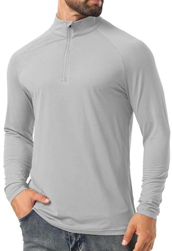 QIXING Solskjorta för män UPF 50+ snabbtorkande kvartsdragkedja långärmad t-shirt rashguard för fiske vandring utomhus (grå, L)