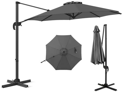 COSTWAY Parasol Déporté Professionnel 3M, Parasol de Jardin Exterieur avec Pied et Manivelle, Anti-UV, Pivotant à 360°, Inclinable, Poteau en Aluminium, pour Terrasse, Patio, Balcon (Gris)