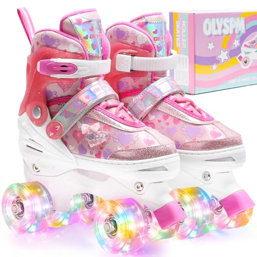 OLYSPM Patin a Roulette Fille,Rollers Enfant Fille avec Motif Intégral de Cœurs Rêveurs & 8 Roues Lumineuses,4 Tailles Réglables,Idée Cadeau Anniversaire Noël(Rose,M)