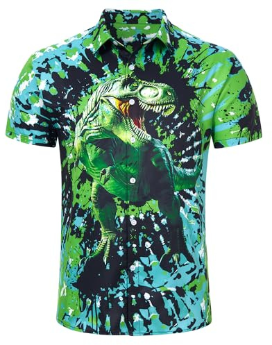 RAISEVERN Dinosaur Hawaiian Shirts 3D Printed Festival Funny Ugly Green Rave Mens Loud Funky Bad Taste Shot Shirt Crazy Stag Party, XXL