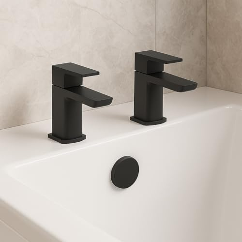 Mura Matt Black Bath Pillar Taps (Pair) Hot and Cold | Matt Black Finish | Deck Mounted | Bath Taps | Lever Handle Design |