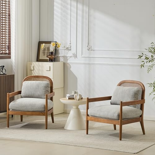Christopher Knight Home Nadine Club Chairs Set of 2, Wooden Club Chair, Rattan Open Back Armchair, Accent Reading Sofa Chair with Cushions, Accent Chairs Set of 2 for Living Room Bedroom, Gray+Teak