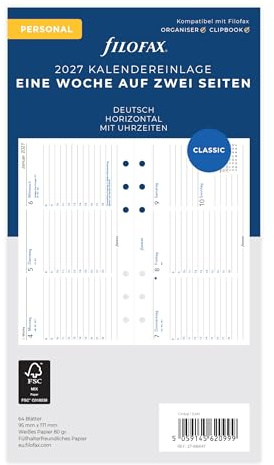 Filofax Kalenderinlägg personlig 1 vecka på 2 sidor. horiz.tyska 2027