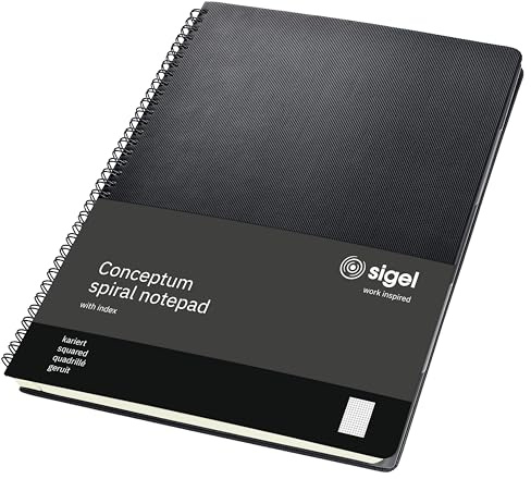 SIGEL CO840 Premium Spiralblock A4, kariert, schwarz, 80 Blatt, sehr stabiler Hardcover-Einband, mit versetzbarem Register, Einsteckfach, aus nachhaltigem Papier, Conceptum
