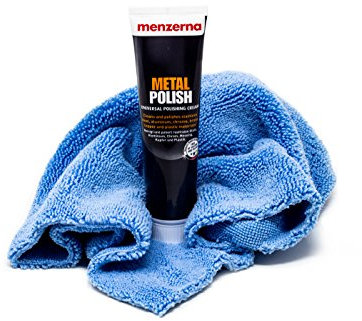 Menzerna Metal Polish Set Incl. paño de Microfibra para Acero Inoxidable, Aluminio, Cromo, Cobre, Plata, Tubos de Escape, Rejilla del radiador, molduras, así como cubertería y joyería