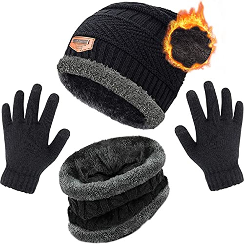 Petrunup 3Pcs Bonnet Gant Echarpe Garcon, Beanie Hiver Tour de Cou et Gants Écran Tactile pour Enfants Garçons Filles, Noir