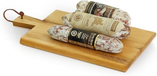 Presentförpackning Trittico del Gusto Salumi Pasini® | Campagnolo Salami 270g + Gran Filetto Salami 170g + Salami med mousserande vin från Lombardiet 170g | Med akacia skärbräda ingår