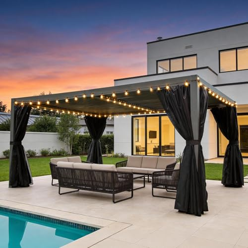 Domi 12x16FT Louvered Pergola Aluminum Structure Outdoor Pergola with Adjustable Roof Patio Pergola for Backyard Garden, Curtains and Netting, Dark Gray