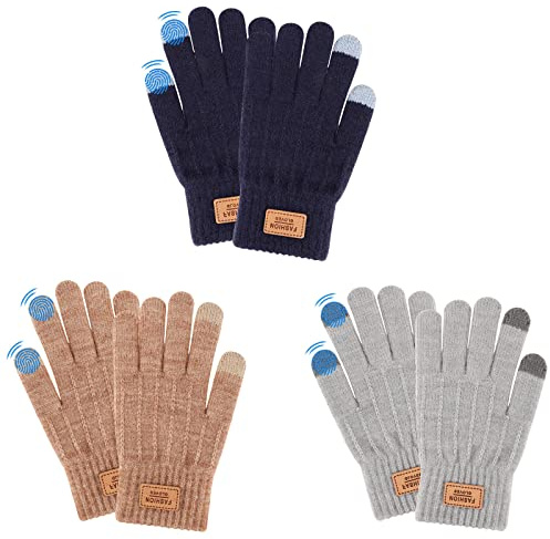 QKURT 3 pares de guantes para niños con diseño de pantalla táctil, guantes térmicos de invierno, guantes de dedos completos para niños, guantes de punto trenzados para niños y niñas de 6 a 10 años