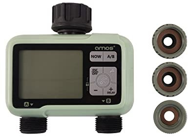 AMOS Digital Water Timer – Programmable Garden Irrigation Controller with LCD, Auto/Manual Modes, Rain Delay, Child Lock – Hose Sprinkler System for Lawn, Plants & Outdoor Watering
