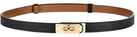 FENLDY Adjustable Thin Belts For Womens Skinny Belts For Dresses Womens Solid Color Alloy Turn Lock Belts For Jeans (Black belt gold buckle)