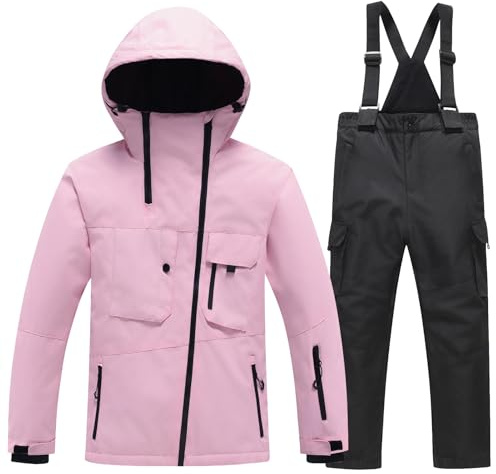 L PATTERN Combinaison de Ski Fille Capuche Enfant Vestes et Pantalons de Ski Résistant à L'eau Garder Au Chaud Ensemble de 2 Pièces,Rose + Noir,12-13 Ans