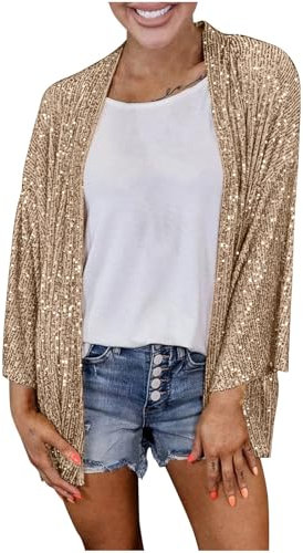 Mrat Sequin Jackets For Women Sparkle Lightweight Jacket Party Clubwear Glitter Shrug Sequin Cardigan Ladies 3/4 Sleeve Cardigans Loose Fit Shirts Shimmer Metallic Open Front Tops Festival Outfit