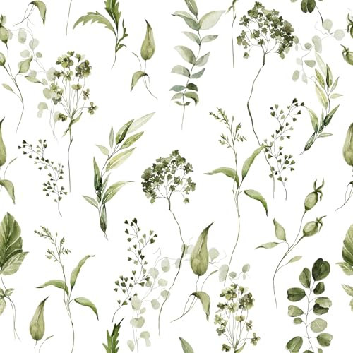 VEELIKE Green Leaf Wallpaper Boho Watercolor Wildflowers Peel and Stick Wallpaper for Bathroom Bedroom 44.5cmx300cm Vintage Green Floral Leaf Patterned Sticky Back Plastic Removable Botanical Wall Art