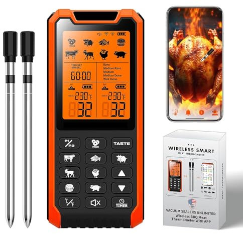 PRAVETTE Smart Bluetooth Meat Thermometer - Long Range Wireless Food Thermometer, Digital Meat Thermometer with Dual Probes for BBQ Grill, Oven, Smoker, Air Fryer