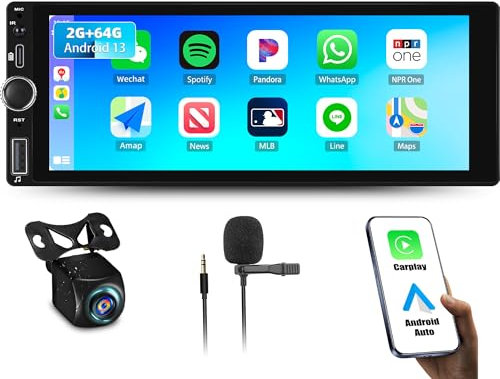 OiLiehu 2G+64G Android 13 Radio 1 DIN Carplay Android Auto Radio para Coche 6,86 Pulgadas con Mirror Link/EQ/Bluetooth/Control del Volante/FM RDS Radio/WiFi/GPS/Camara Marcha Atras