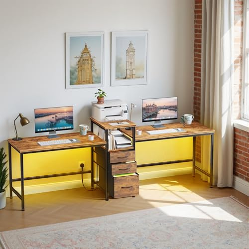 236cm Long Double Desk with Charging Station, LED Computer Gaming Desk with Drawers&Printer Shelf, Home Office Desk, 2 Person Writing PC Study Work Table for Home Office Workstations, Rustic Wood