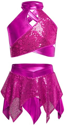 inhzoy Vestito da Pattinaggio Artistico Bambina con Paillettes Crop Top Danza Moderna Collo Halter Canotta + Gonna Corta Abito da Ballo Latino Moderno Costume Danza Salsa Rosa Caldo 11-12 Anni