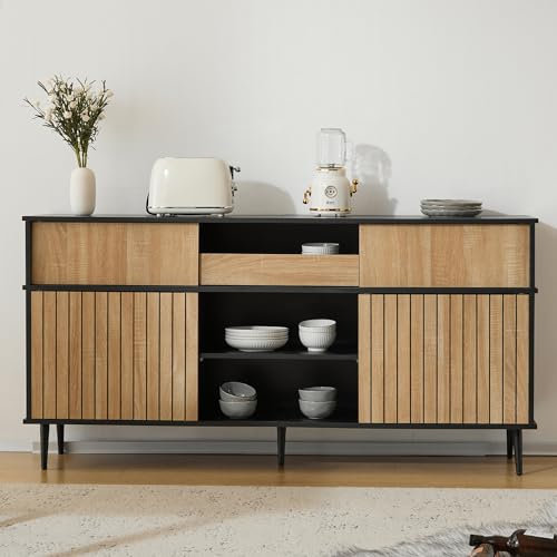 Commode avec 4 Portes coulissantes et 1 tiroir Buffet 160x40x80 cm Meuble Bas pour Salon Chambre à Coucher Salle à Manger Cuisine Buffet Buffet Buffet Couleur Bois