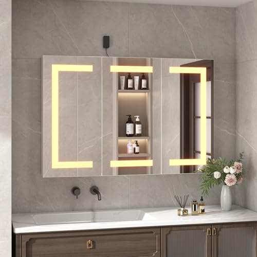 Caldion Miroir Salle de Bain avec 3 éclairages LED,Fonction Anti-buée,Armoire avec 3 miroirs,Armoire de Salle de Bain Suspendue,étagères, Murale avec Portes vitrées, Blanc