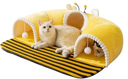 2-in-1 Cat Tunnel Bed with Removable Plush Mat - Cute Bee Shape, Soft Hideout & Play Tube for Bunnies, Guinea Pigs, Chinchillas, Cats, Small Dogs, Puppy, Kitten - Cozy Pet Bed (Large)